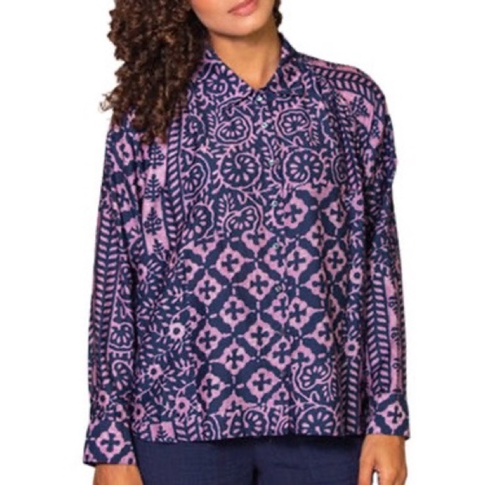 Xírena Ikat Long Sleeve Button Up Shirt Blouse Kiran Cotton Silk Purple Blue S - Picture 9 of 10